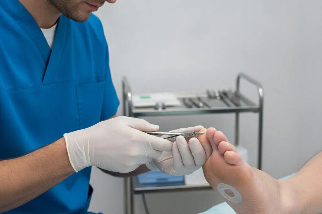 A clinician wearing gloves caring for a foot