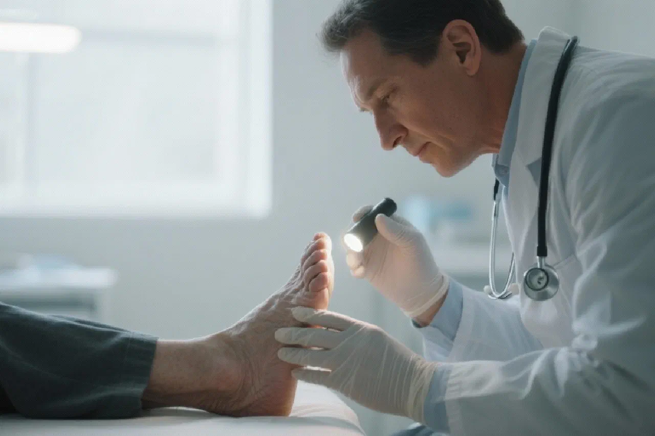 A doctor examining a foot under a light