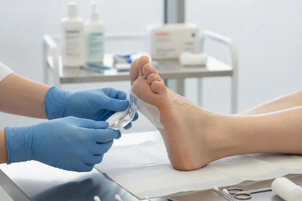 A dressing being applied to the heel with gloved hands